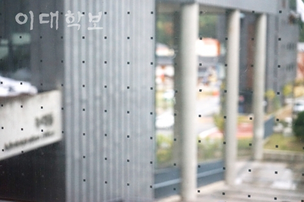윈도우 스트라이크를 예방하기 위해 서울 하나고 구름다리 창문에 부착된 '도트필름(dot film)'. 학교 건물의 미관을 해치지 않으면서 새들이 유리창을 인식할 수 있도록 시트지로 만든 도트 필름 일정한 간격으로 배치했다. 사진출처=생명다양성재단