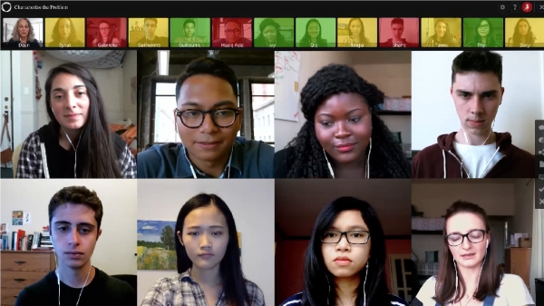 미네르바 스쿨에서 자체 개발 프로그램 ‘포럼(Forum)’을 통해 수업하는 모습. 교수자와 학생은 서로의 얼굴을 실시간으로 마주보며 토론한다. 활발하게 의견을 제시하는 학생은 초록색, 참여도가 낮은 학생은 빨간색으로 표시된다. 출처=유튜브 채널 ‘Minerva’