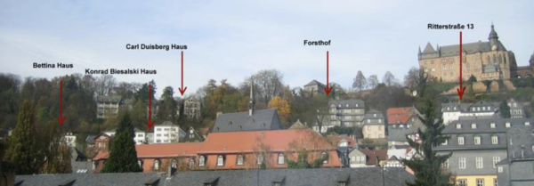 비잘스키 하우스의 위치. 마을에서 비교적 높은 곳에 위치해있다. 가장 우측 상단의 건물은 마을의 랜드마크 마르부르크 성. 츨처=필립스 대학 홈페이지.