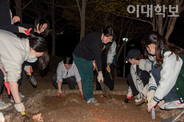 스푼걸즈 부원들이 모두 모여 3월 초 언 땅의 삽을 뜨며 밭을 일구고 있다. <strong>박성빈 사진기자