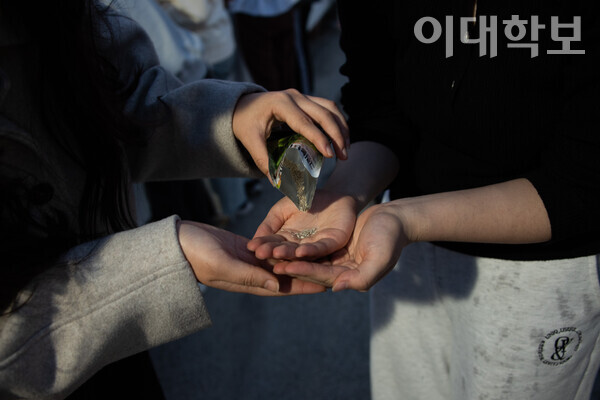 스푼걸즈 부원들이 텃밭에 새로 심을 상추 씨앗을 나누고 있다. <strong>권아영 사진기자