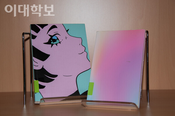 분홍색 피부를 가진 캐릭터가 표지에 그려져있는 ‘나의 레즈비언 여자 친구에게(왼쪽)’와 연보랏빛 표지로 시선을 끄는 ‘우리가 키스하게 놔둬요’의 모습.  강연수 사진기자