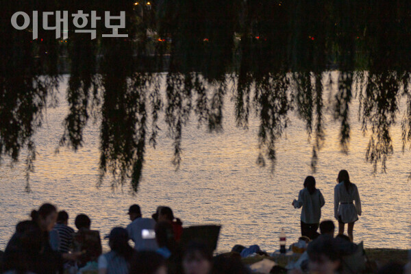 길게 흐드러진 버드나무 밑에서 사람들이 노을을 바라보고 있다. <strong> 변하영 사진기자