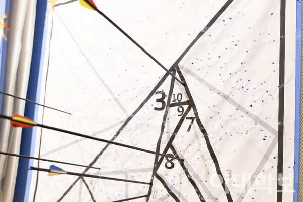 부원들끼리 진행한 게임이 끝난 뒤 화살이 과녁에 꽂혀 있는 모습. 화살이 꽂혔던 자국이 군데군데 남아 있다. <strong> 남현지 사진기자