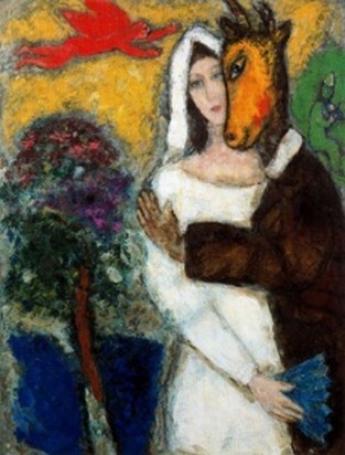 Marc Chagall의 [Midsummer Night’s Dream](1939) 요정의 여왕 타이타니아가 당나귀-보톰과 사랑에 빠진 장면. 출처=Musée de Grenoble, France
