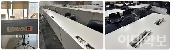 콘센트 내장 좌석이 설치된 교육관 B동 B252호, 이화·포스코관 B161호, 이화·SK텔레콤관 403호(왼쪽부터)