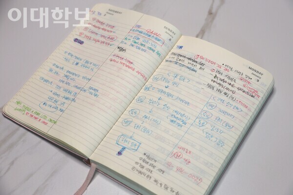 박일령씨가 일정과 회의 내용을 정리하는 업무노트. <strong>채의정 사진기자